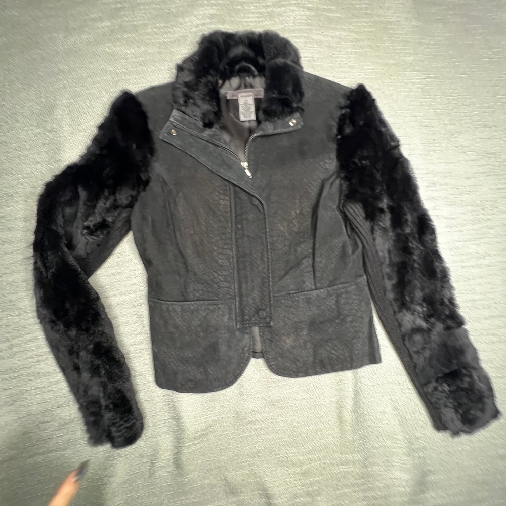 Luciano Black Leather Moto Jacket Rabbit Fur Trim Mixed Media Ribbed Knit Small